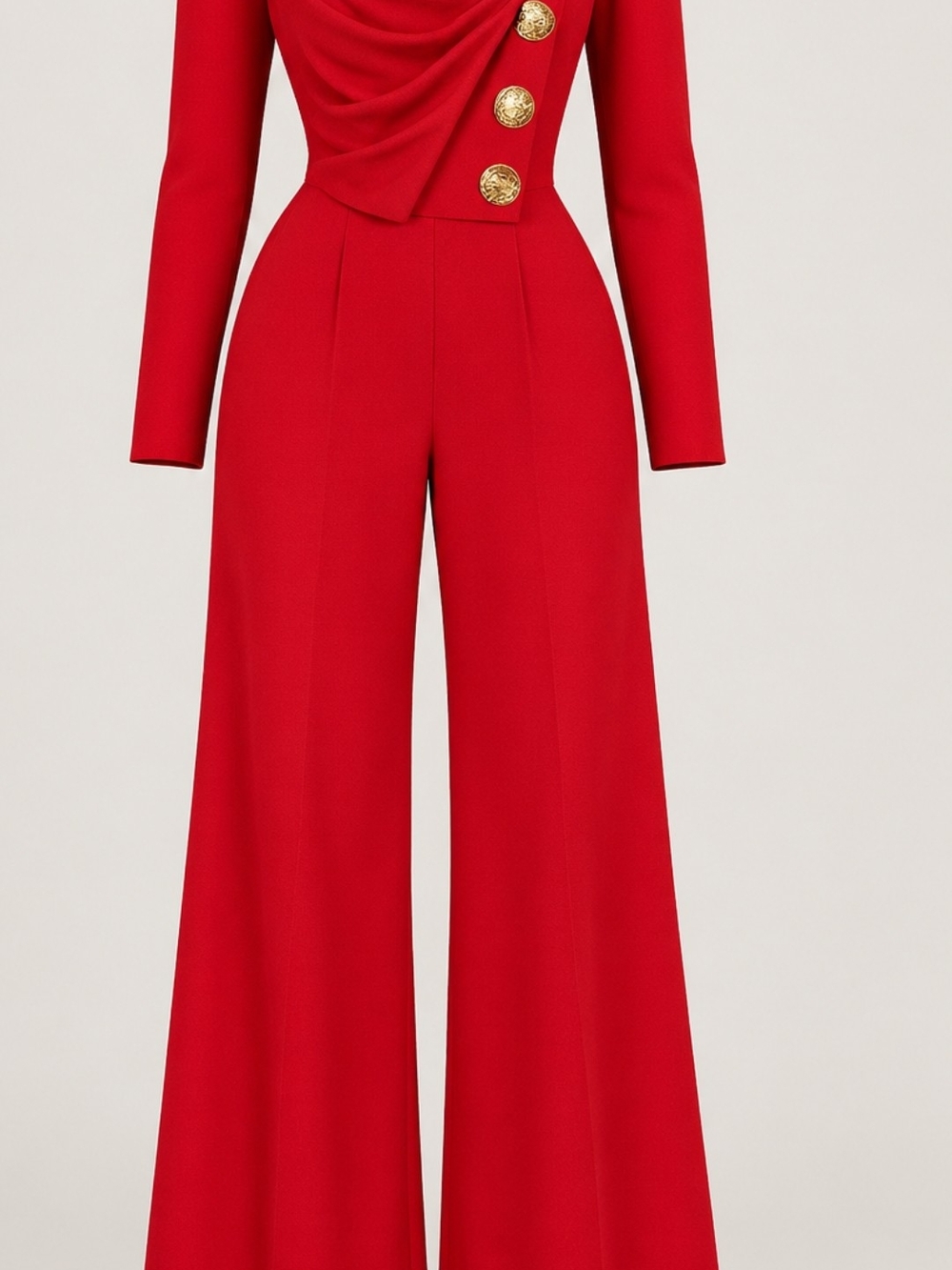 Fashion Nova Red Draped Wide-Leg Jumpsuit with Gold Buttons